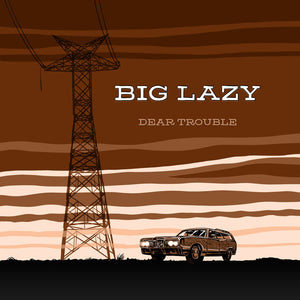 Album cover art with band name and title and vintage station wagon on a desert with power lines. 